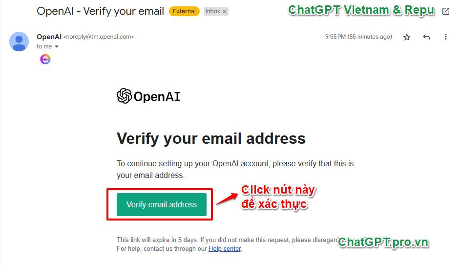 Hướng dẫn xác thực Email khi đăng ký ChatGPT - Bước 2: Mở email từ OpenAI và nhấn nút Verify Email Adress (xác thực EmaiL)