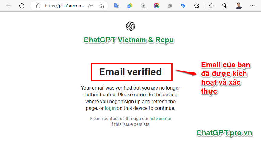 Hướng dẫn xác thực Email khi đăng ký ChatGPT - Bước 3: OpenAI thông báo Email đã được xác thực và kích hoạt